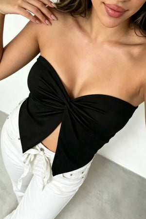Black sweetheart twist front tank top with a deep V-cut detail.