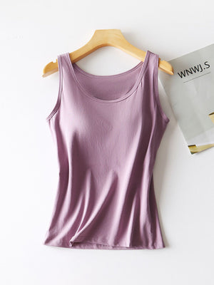 Lilac built-in support tank top with scoop neckline and racerback detail.