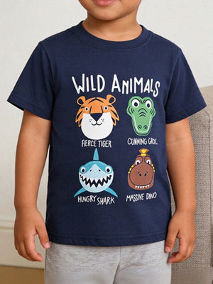 Navy t-shirt with "Wild Animals" graphic featuring a tiger, crocodile, shark, and dinosaur.