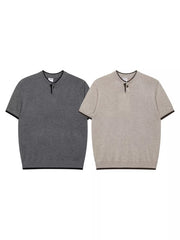 Men's Short Sleeve Collar Knit Top in Apricot, alternate angle