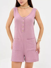 Purple crinkled cotton button-down sleeveless romper with patch pockets