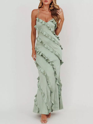 Sage ruffled spaghetti strap maxi dress with diagonal ruffle detailing.