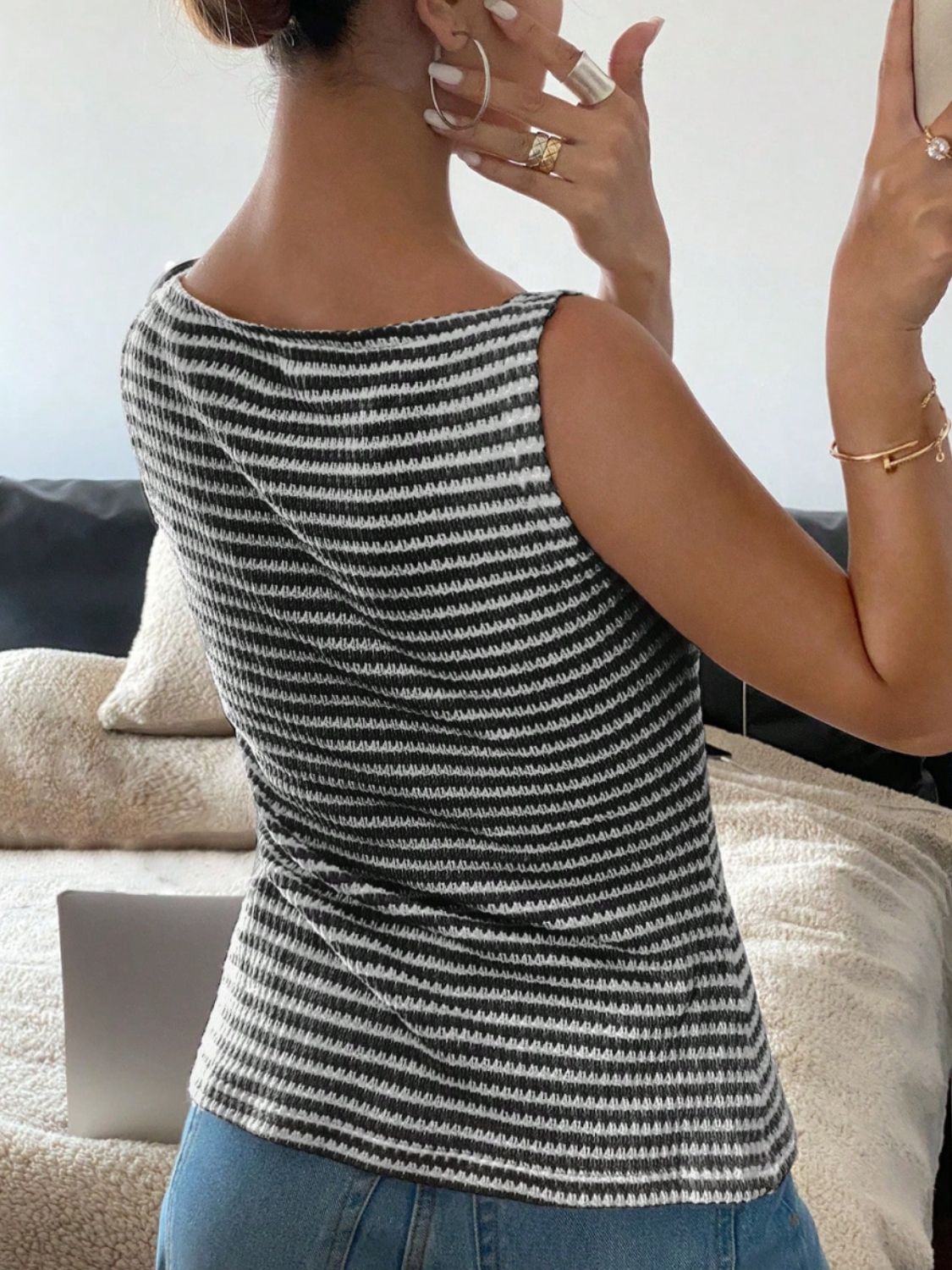 Textured stripe button-down tank top in black with a boat neck and sleeveless design.