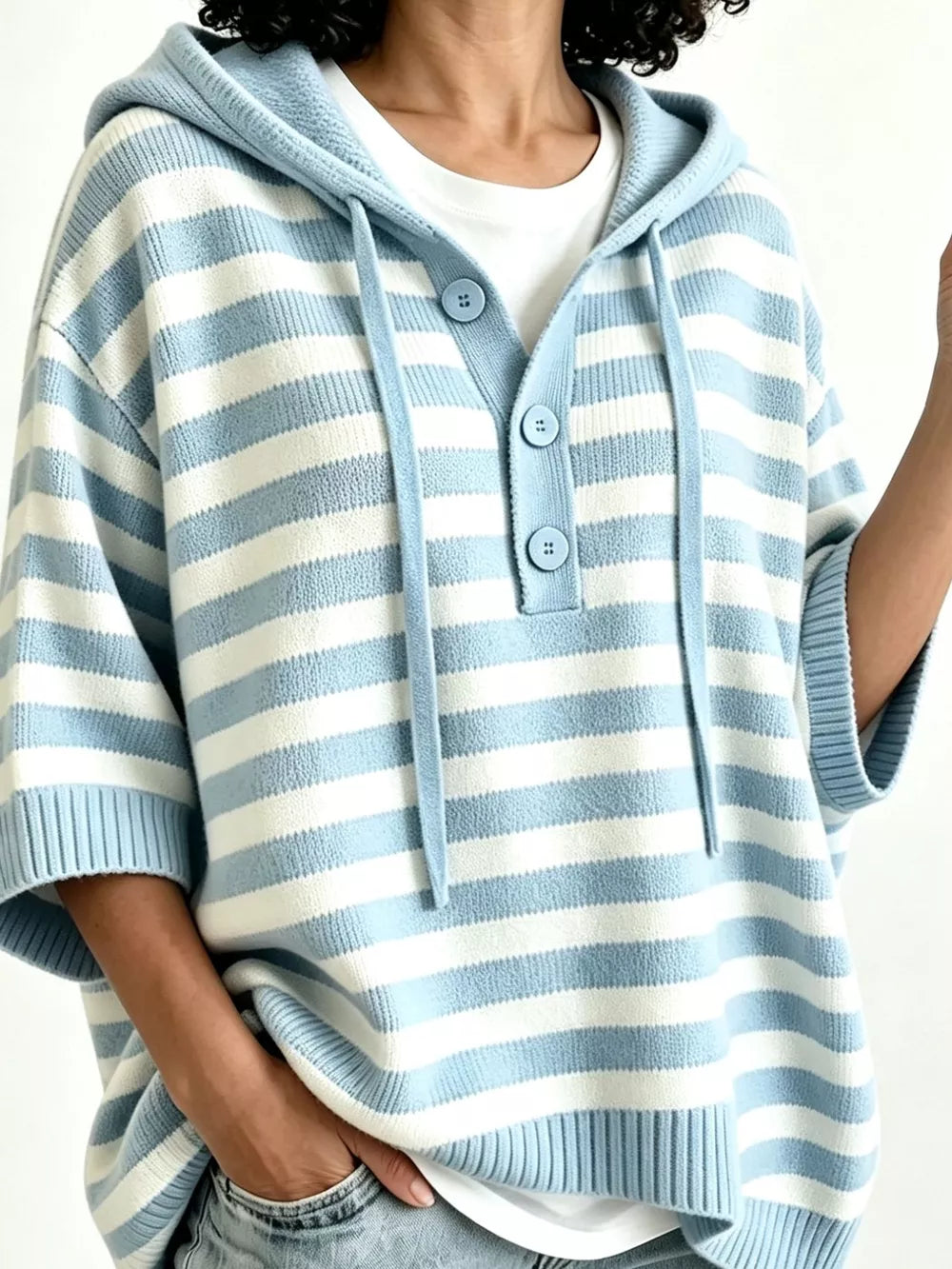 Striped Hooded Sweater With Button Detail in Blue, front view