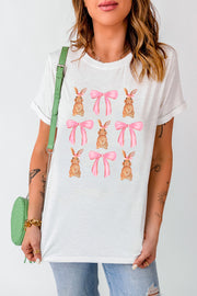 White Easter bunny watercolor print tee with pink bows graphic