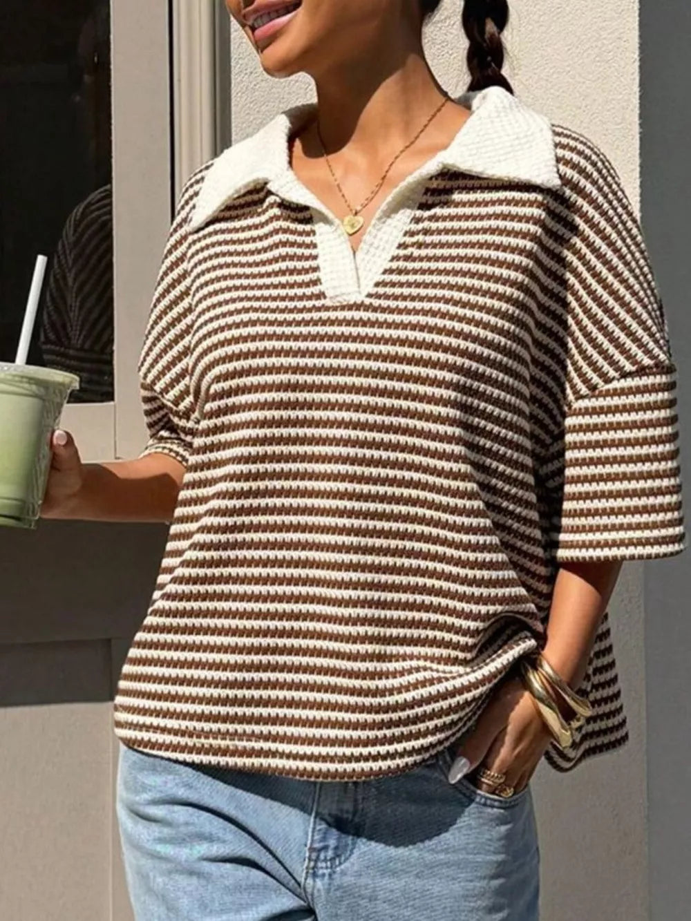 Striped Knit 3/4 Sleeve Polo Top in Brown, front view