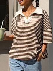 Striped Knit 3/4 Sleeve Polo Top in Brown, front view