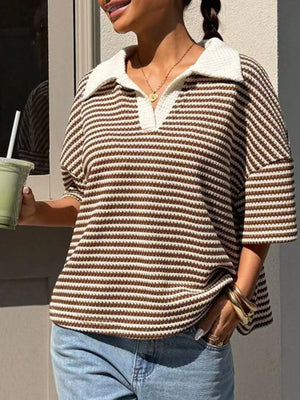 Striped Knit 3/4 Sleeve Polo Top in Brown, front view