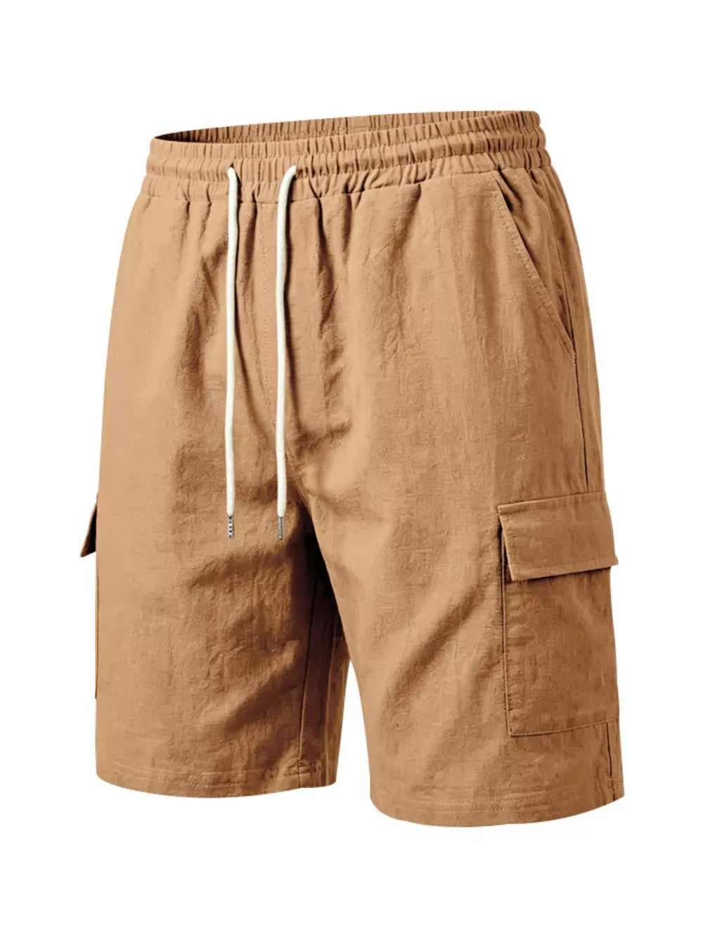 Brown cargo shorts with drawstring waist and crinkled texture