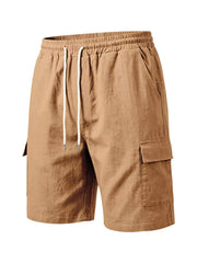 Brown cargo shorts with drawstring waist and crinkled texture