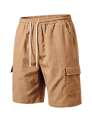 Brown cargo shorts with drawstring waist and crinkled texture
