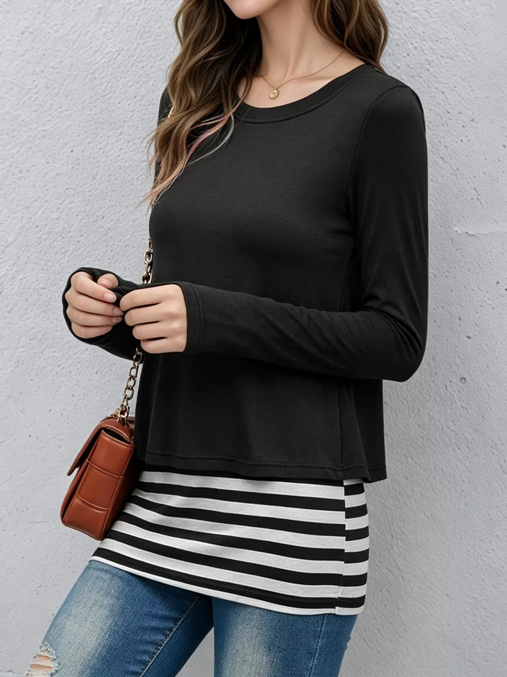 Layered Crew Neck Long Sleeve Striped T-shirt in Light Gray, view 12