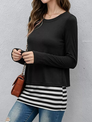 Layered Crew Neck Long Sleeve Striped T-shirt in Light Gray, view 12