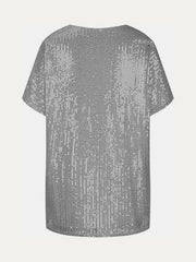 Silver sequin slouchy v-neck top with short sleeves