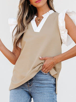 Khaki blouse with contrast white collar and ruffle sleeves, V-neck, casual chic style.