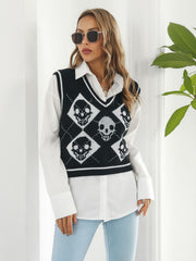 Black argyle knit vest with skull motif, V-neck, sleeveless, 100% acrylic.