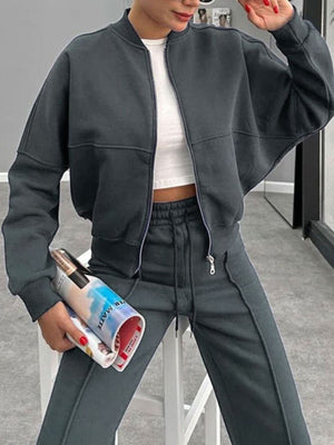 Dark Gray bomber jacket with zipper and wide-leg track pants.