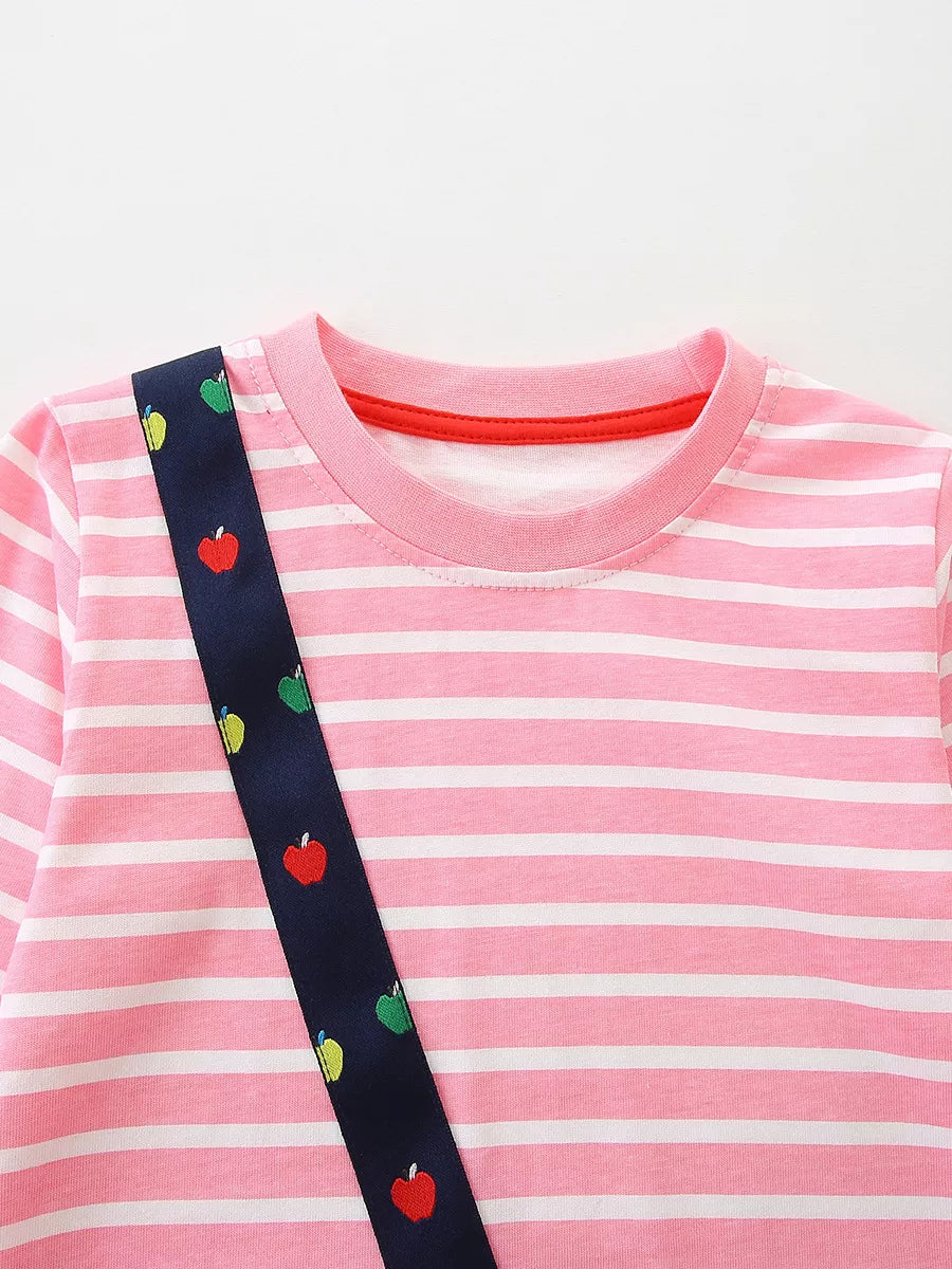 Pink striped cotton dress with navy applique apple strap detail