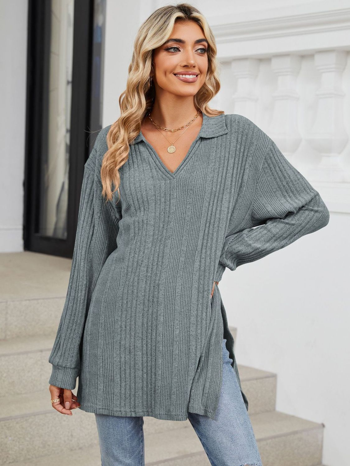 Light Gray ribbed knit collared tunic top with long sleeves and side slits.