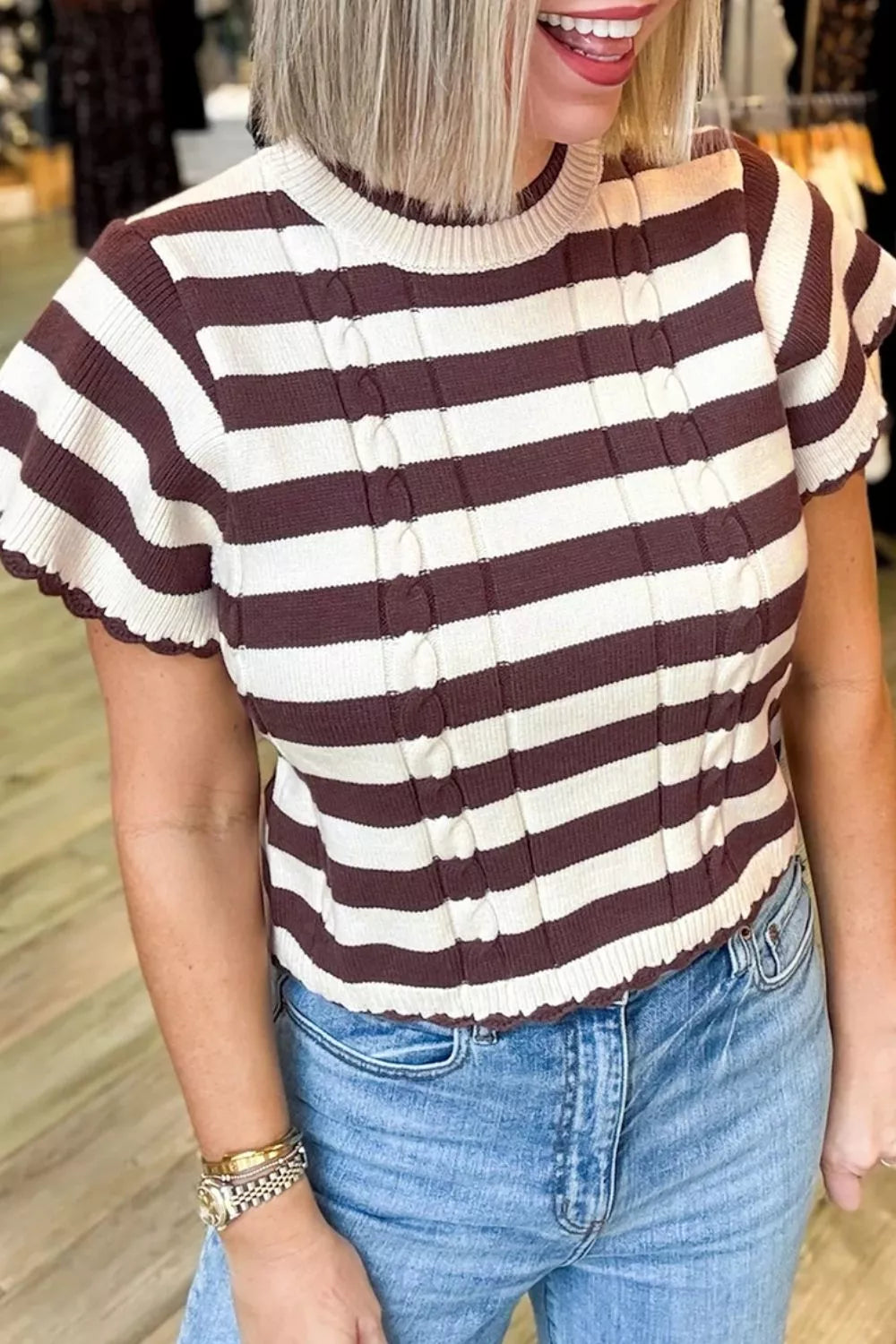 Striped Ribbed Cable Knit Short Sleeve Sweater in Brown, close-up detail