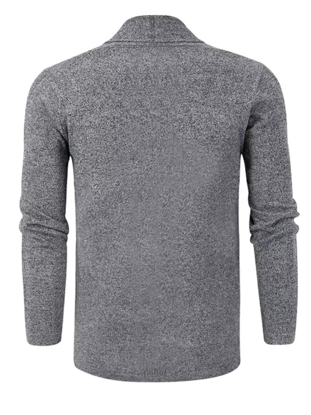 Men's gray marled knit open-front cardigan with long sleeves.