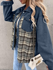 Denim jacket with plaid paneling, button front, and chest pockets in dark blue.