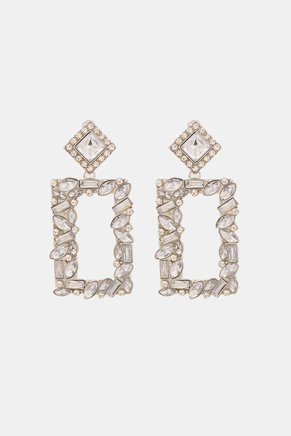 Geometric jewel box earrings with clear crystals and silver alloy.