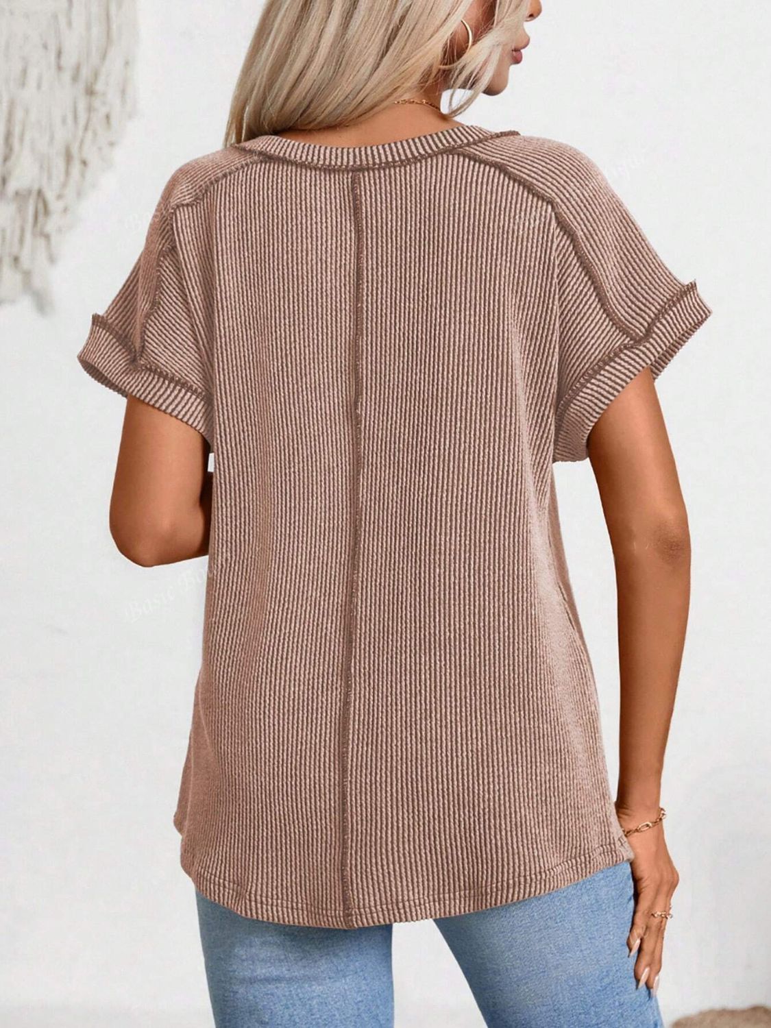 Camel ribbed V-neck tee with contrast stitching and short sleeves.