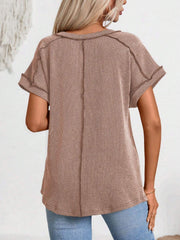 Camel ribbed V-neck tee with contrast stitching and short sleeves.