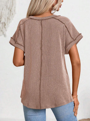 Camel ribbed V-neck tee with contrast stitching and short sleeves.