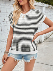 Textured stripe cap sleeve knit top in black and white, with a crew neck.