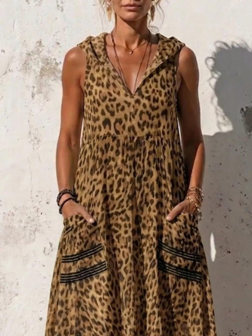 Sleeveless Hooded Leopard Print Maxi Dress in Blue, fabric detail