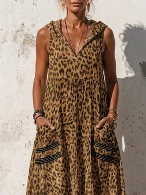 Sleeveless Hooded Leopard Print Maxi Dress in Blue, fabric detail
