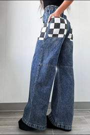 Checkerboard pocket wide-leg jeans in medium acid-wash denim with a relaxed fit.
