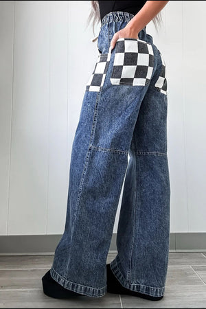 Checkerboard pocket wide-leg jeans in medium acid-wash denim with a relaxed fit.