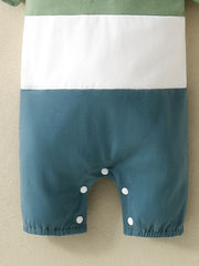 Color block baby one-piece with polo collar in moss, white, and teal cotton.