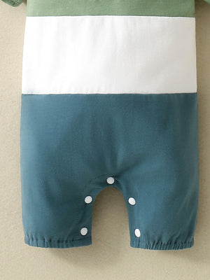 Color block baby one-piece with polo collar in moss, white, and teal cotton.