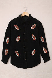 Black corduroy shirt jacket with all-over football print and button front.