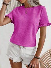 Textured ruffle sleeve t-shirt in purple with a crew neck and short sleeves.