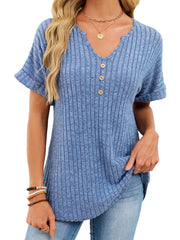 Dusty blue ribbed knit short sleeve t-shirt with decorative buttons and a curved hem.