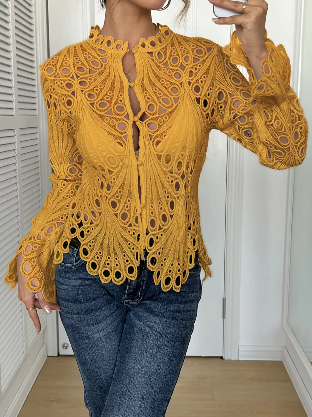 Yellow lace button-up blouse with scalloped collar and bell sleeves