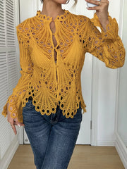 Yellow lace button-up blouse with scalloped collar and bell sleeves