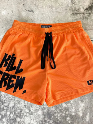 Orange mesh training shorts with black Kill Crew graphic and drawstring.