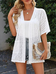 Openwork Open Front Cardigan in Khaki, model styling view