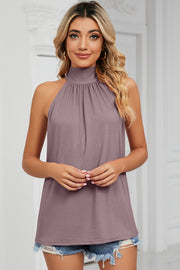 Lilac high neck halter tank top with gathered neckline detail