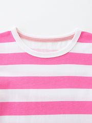 Toddler dress with pink and white stripes, crew neck, and decorative trim detail.