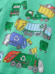 Toddler green cotton t-shirt with a whimsical truck print featuring garbage trucks and recycling bins.