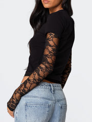 Black fitted t-shirt with lace sleeves and crew neck.