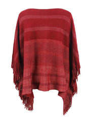 Deep Red striped knit poncho with fringe detail and boat neckline.