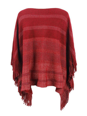 Deep Red striped knit poncho with fringe detail and boat neckline.